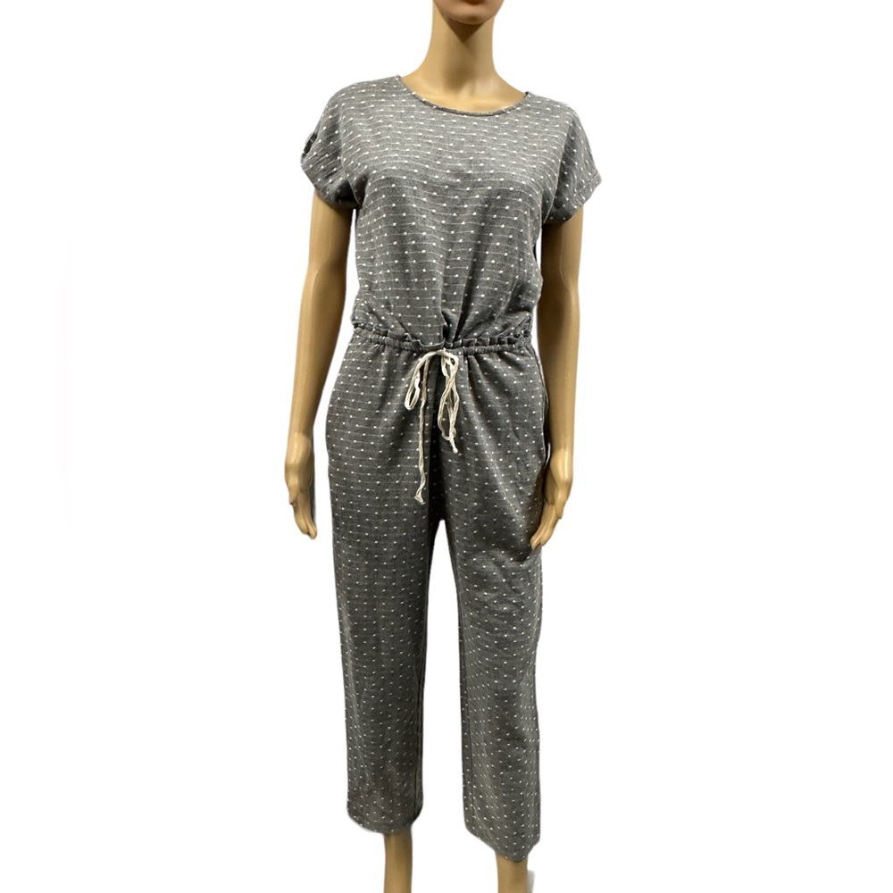 Polagram Gray Polka Dot Short Sleeve Drawstring Waist Pocket Zip Back Jumpsuit S